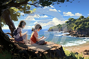 Two young girls sitting on a rock by the sea drawing and looking at the view