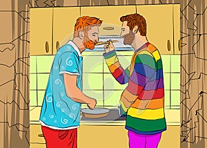 Two young handsome gay couple cook at home in the kitchen.