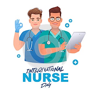 Two young handsome male nurses with stethoscopes. International Nurse Day. One nurse makes an OK gesture with his hand