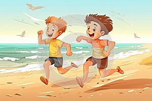 Two young happy boys run on the beach in summer, illustration generated by AI