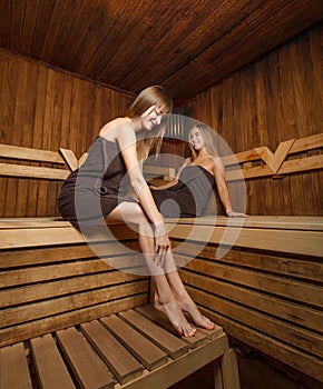 Two young and happy females in sauna.