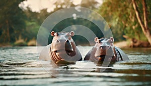 Two young hippos in river .ai generated