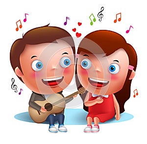 Two young kids couple happy singing serenade with guitar for valentines