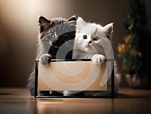 Two young kittens with an empty sign