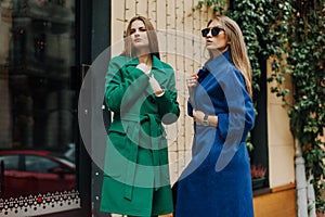 Two young ladies in fur coats posing on background