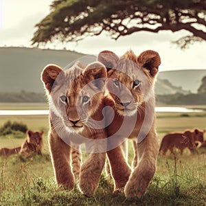 two young lion cubs playing and learning to hunt