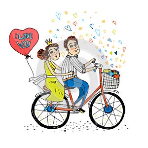 Two young lovers riding a tandem bicycle