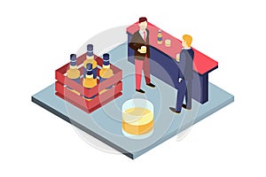 Two young male friends drinking beer at bar, pub interior vector illustration
