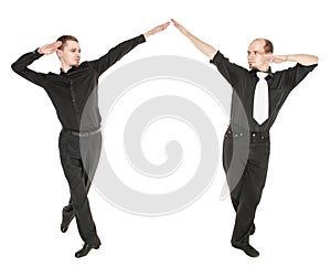 Two young man dancing irish dance isolated
