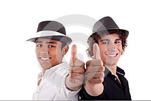 Two young man of different colors, with thumb up