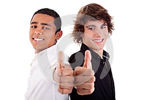 Two young man of different colors, with thumb up
