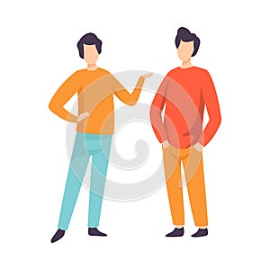 Two Young Men Dressed in Casual Clothing Standing and Talking, People Speaking to Each Other Vector Illustration