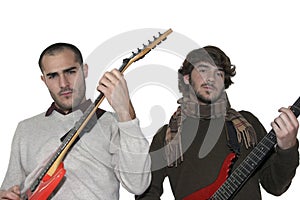 Two young men with electric guitars