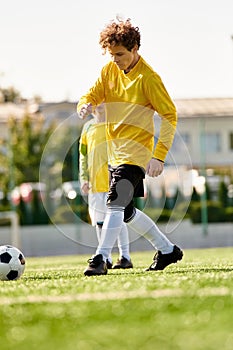 Two young men energetically kicking a