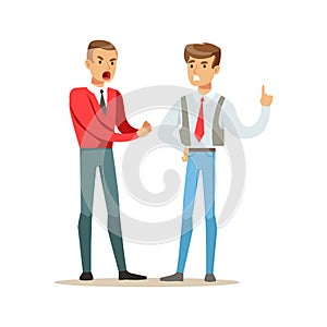 Two young men fighting angry and shouting at each other, negative emotions concept vector Illustration