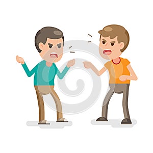 Two young men fighting angry and shouting at each other, Vector cartoon illustration.