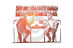 Two young men sitting in bar, drinking beer, counter with bottles, friendship, people celebrate with lager