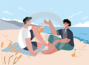 Two young men sitting on the beach in the summer,drinking beer and talking.The time with male friend.Vector illustration