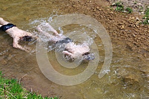 Two young men swim underwater in a shallow small river early spring