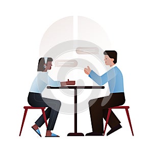 Two Young People Different Races Sitting Next to Each Other in Cafe, Talking on Isolated Background.