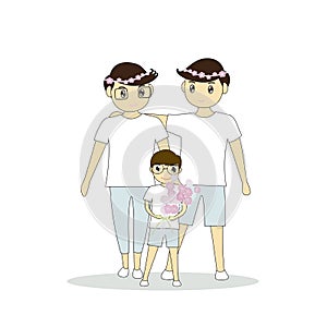 Two young people are happy man standing and hugging each other. Boy holding a bouquet of flowers at the wedding.