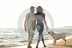 Two young people running on the beach kissing and holding tight with dog