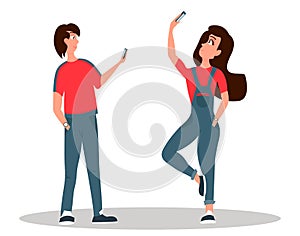 Two young people with smartphones. Young boy and a young girl is checking own smartphones. People is scrolling news feed