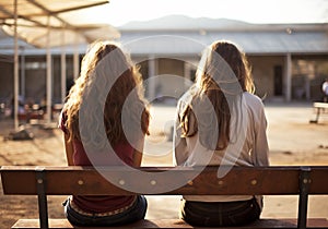 Two young people talking on a bench at school