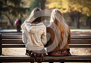 Two young people talking on a bench at school