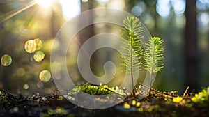 Two Young Pine Saplings in a Sunlit Forest