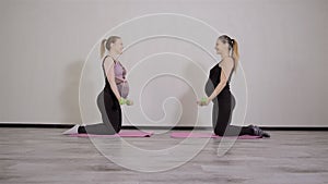 Two young pregnant women do fitness gymnastics in a sports club