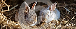two Young rabbits without fur are resting in straw, fluffy eater concept
