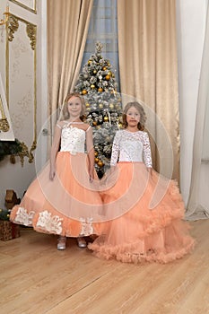 two young sisters in white with peach dresses