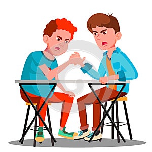 Two Young Strong Men Compete In Arm Wrestling Vector. Isolated Illustration