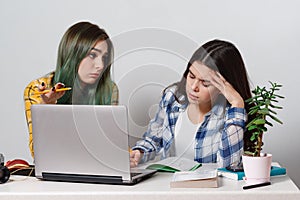 Two young student girls with laptops studying together at the table