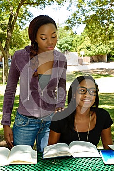 Two young students study at the park