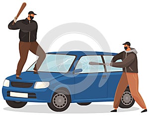 Two young vandals destroy the car. Bandits characters in masks hit automobile with baseball bats