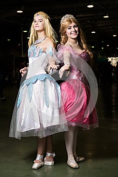 Two young woman cosplayer wearing beautiful dres