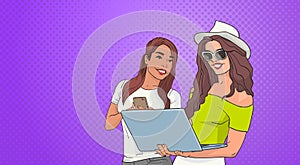 Two Young Woman Using Cell Smart Phone And Laptop Computer Over Pop Art Colorful Retro Style Background