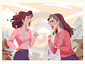 Two young women are arguing furiously. A woman\'s quarrel. Generated by AI