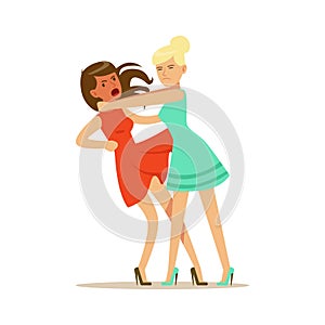 Two young women characters fighting and quarelling, negative emotions concept vector Illustration