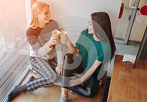 Two young woman chatting in a coffee shop. Two friends enjoying coffee together