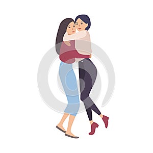 Two young women dressed in modern clothes smiling and hugging. Happy meeting of close friends. Female cartoon characters