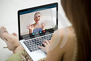 Two young women enjoying video call, app for virtual chat