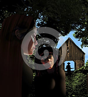 Two young women on the forest edge encounter a farmer at an old barn