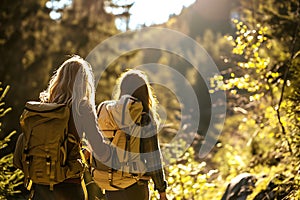 Two Young Women Hiking in Sunlight