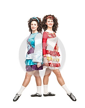 Two young women in irish dance dresses