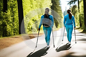 Two young women with Nordic walking poles in blue tracksuits walk along the road on a summer day. View from the back