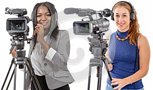 Two young women with professional video camera and headphone