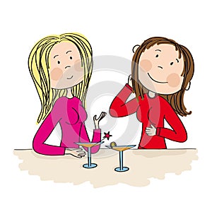 Two young women sitting in the bar, drinking cocktail and chatting